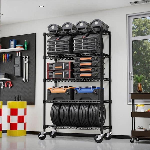5-Tier Steel Storage Shelving, 1750 lbs. Capacity Organizer Wire Rack with Wheels for Kitchen, Office, Garage in Black