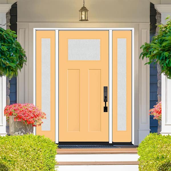 Legacy 64 in. x 80 in. 1/4-Toplite Rain Glass LHIS Jackfruit Finish Fiberglass Prehung Front Door with Dbl 12 in. SL