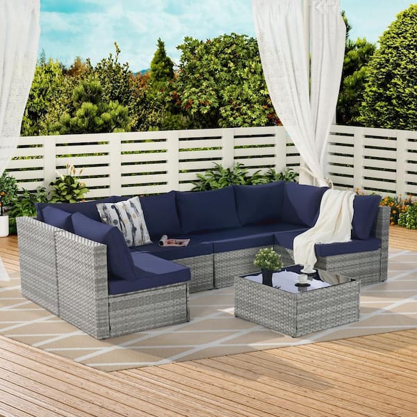 Tenleaf 7-Piece Gray Wicker Patio Conversation Set with Dark Blue ...
