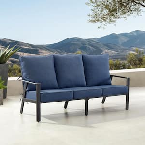 Black 1-Piece Aluminum Outdoor Deep Seating Deep Seating Couch with Cushion with Blue Cushions