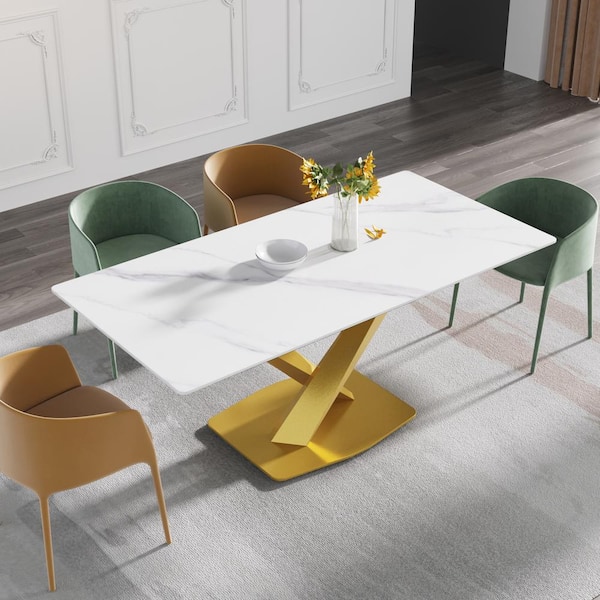 78 LV Legs White Sintered Stone Rectangle Modern Dining Table