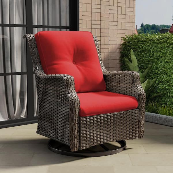 Outdoor Patio Wicker Lounge Chair Swivel Rocking Chair with Red Cushions