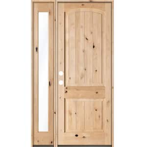 44 in. x 96 in. Rustic Unfinished Knotty Alder Arch VG Right-Hand Left Full Sidelite Clear Glass Prehung Front Door