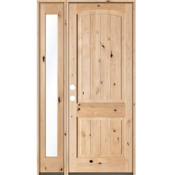 56 in. x 96 in. Rustic Knotty Alder Arch Top VG Unfinished Right-Hand Inswing Prehung Front Door Left Full Sidelite