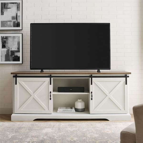 70 in. Farmhouse Rustic Oak and Brushed White Wood and Metal TV Stand with Sliding X Barn Doors (Max TV Size 80 in.)