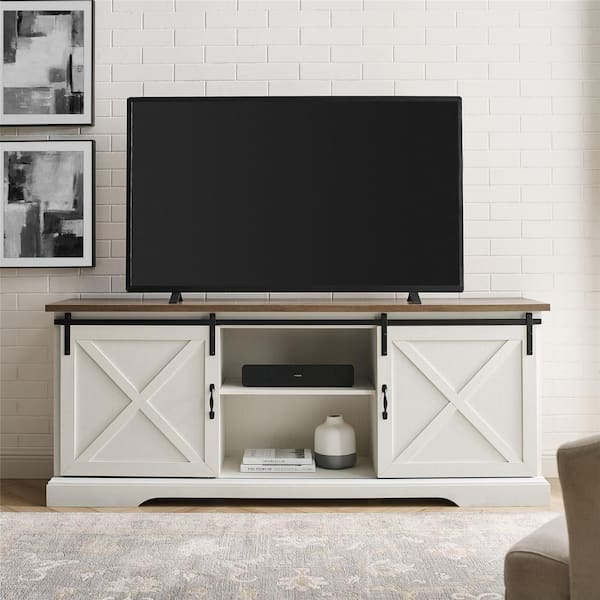 Brushed White Wood And Metal Tv Stand, Sliding Barn Door Tv Stand