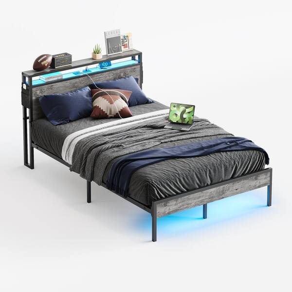 Bestier Grey Metal Frame Full Size Platform Bed with Charge
