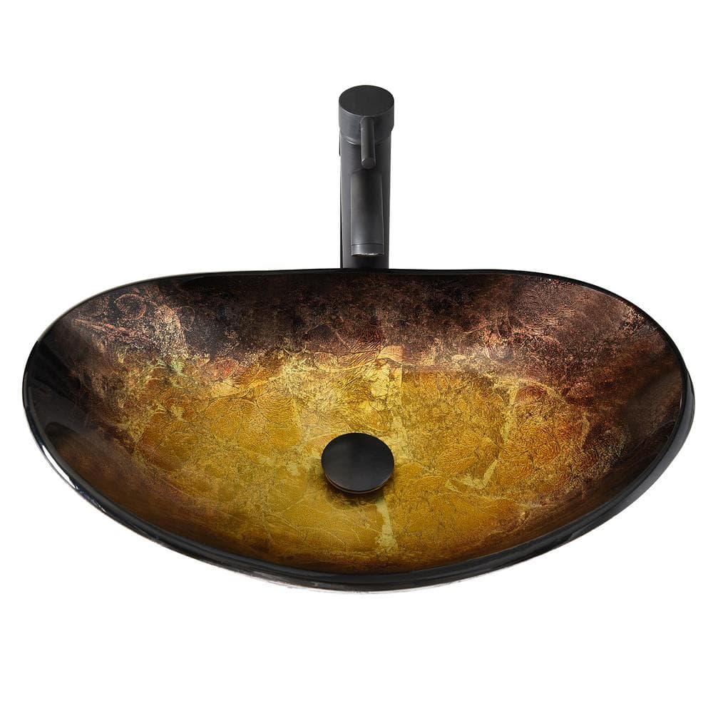Yellow and Black Glass Oval Vessel Sink with Faucet and Drain