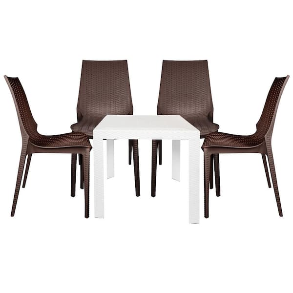 Leisuremod Kent White and Brown 5-Piece Plastic Square Outdoor Dining Set