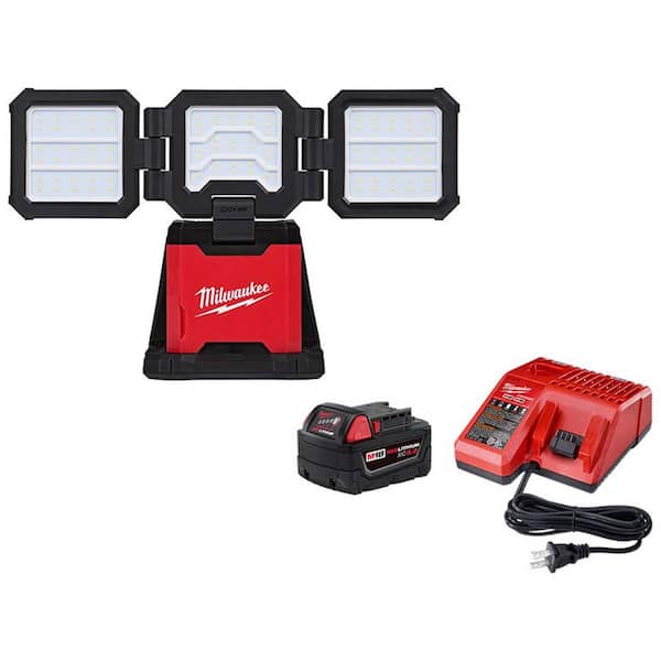 M18 18-Volt Lithium-Ion Cordless 4500 Lumens ROVER Dual Power Triple-Panel Flood w/ (1) 5Ah Battery & Charger