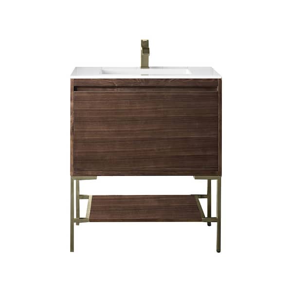 James Martin Vanities Mantova 31.5 in. W x 18.1 in. D x 36 in. H Single Bathroom Vanity in Mid-Century Walnut with Glossy White Top