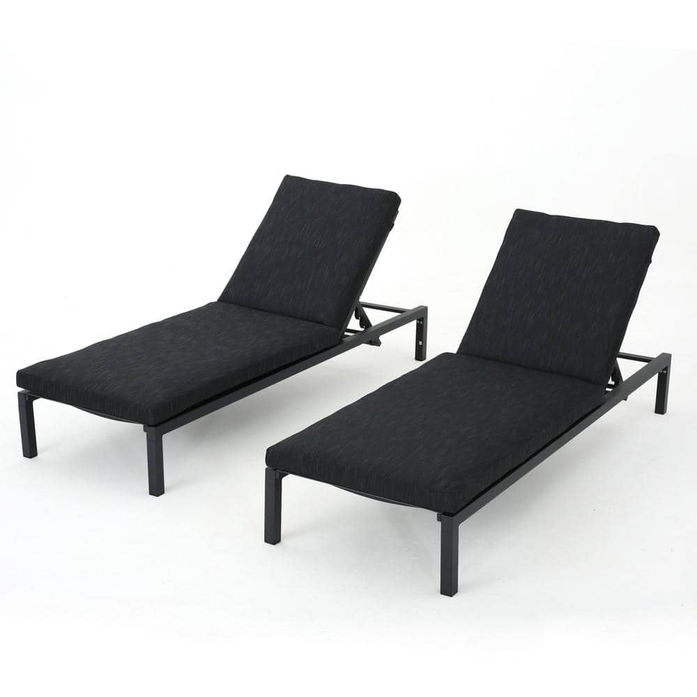 Sets of 2 Black Aluminum Outdoor Chaise Lounge with Dark Gray Cushions