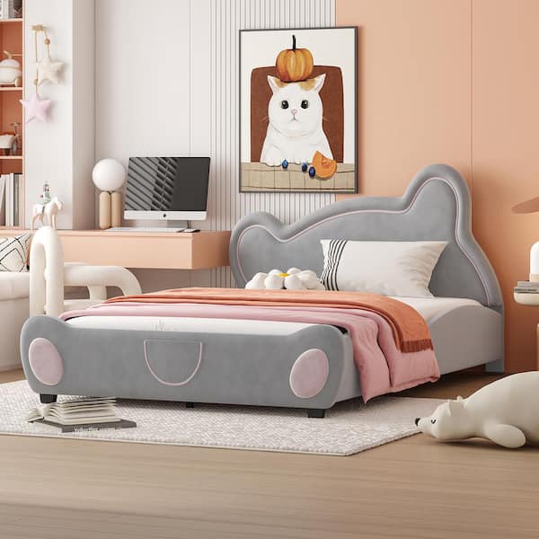 Harper & Bright Designs Gray Wood Frame Full Velvet Upholstered Platform Bed with Bear-Shaped Headboard and Footboard, Bed-End Storage Pocket
