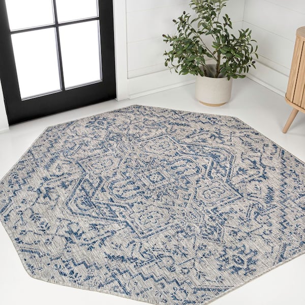 Estrella Bohemian Medallion Textured Weave Navy/Gray 8 ft. Octagon Indoor/Outdoor Area Rug