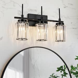 Orillia 19.69 in. 3-Light Modern Industrial Black Bathroom Vanity Light with Crystal Cylinder Shades