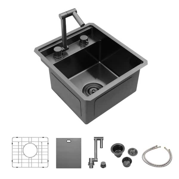 21 in. Undermount Single Bowl 16 Gauge Brushed Nickel Stainless Steel Kitchen Sink with Folding Faucet and Cutting Board