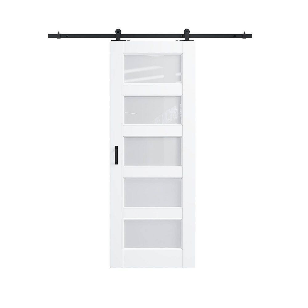 28 in. x 80 in. 5 Lite Frosted Glass White Primed MDF Top Mount Sliding Barn Door with Hardware Kit (T Shape Hanger) price history on PriceWatchPro