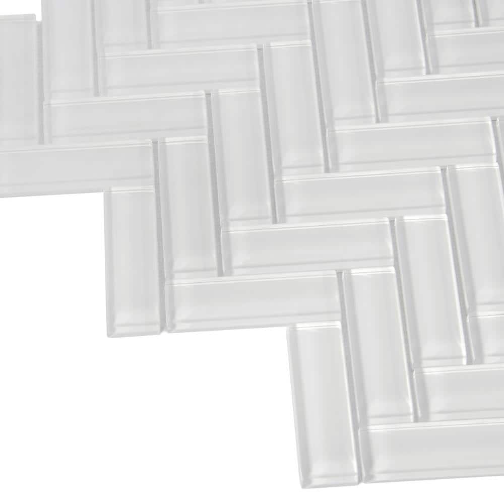 Ice White Herringbone Polished Glass Mosaic Tile 11" x 12.6"