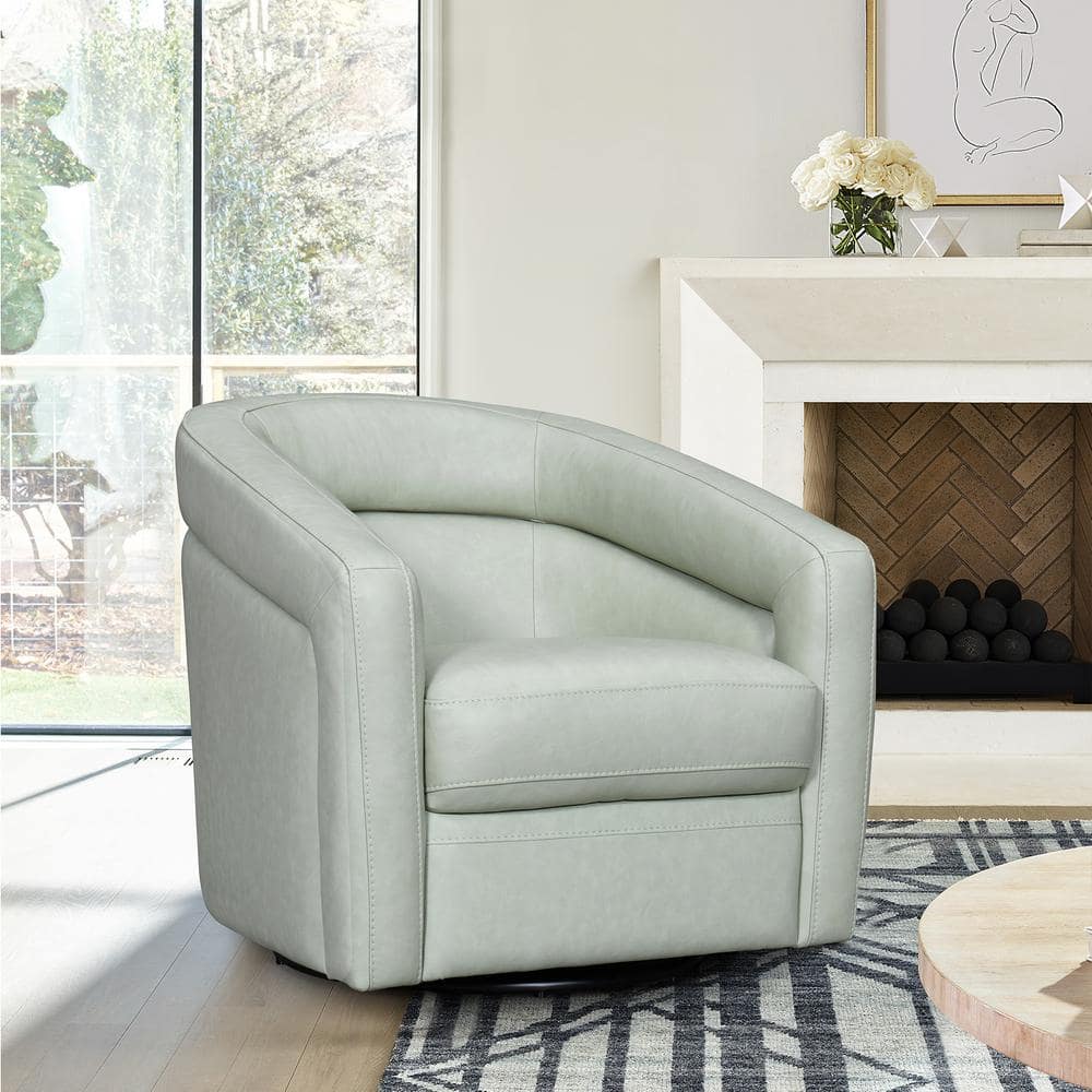 Mint Green Leather Swivel Accent Chair with Wood Base