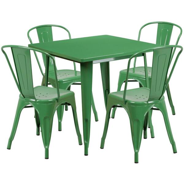 Unbranded Metal Outdoor Dining Table 31.5 in. Square Metal Indoor-Outdoor Table Set with 4 Stack Chairs in Green