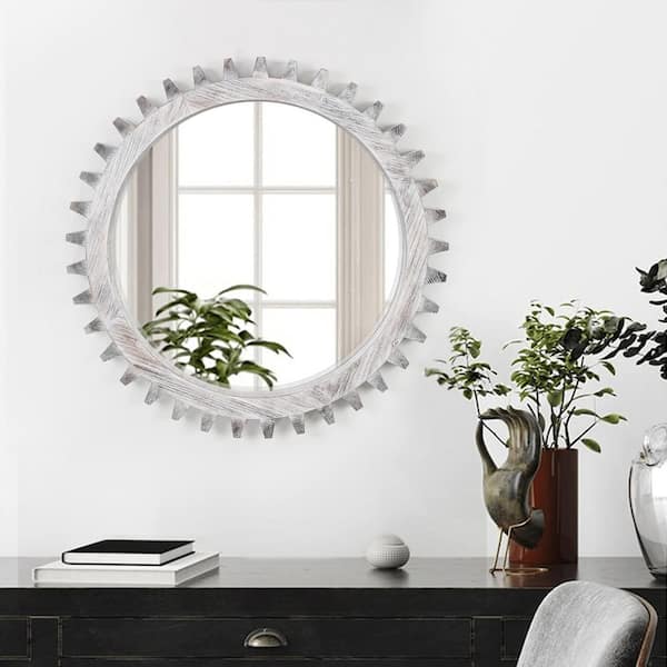 Elevatehome 17 in. W x 17 in. H Round Framed Floating Wall Bathroom Vanity Mirror in Antiqued White Solid Wood
