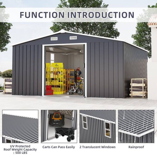 10 ft. x 12 ft. Dark Gray Metal Storage Shed with Two daylight