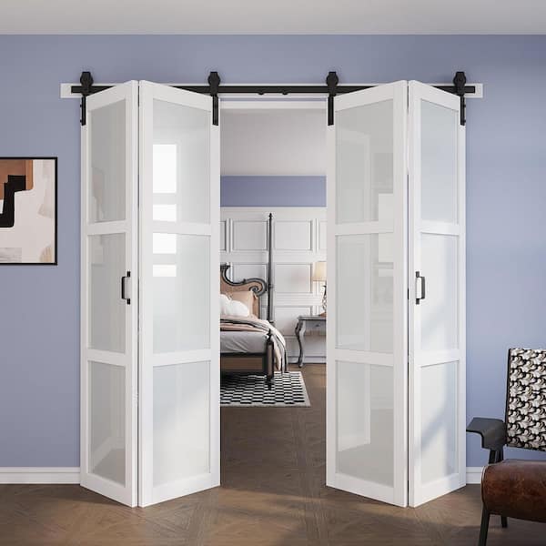 80 in. x 84 in. Assembled Bi-Fold 3 Lite Frosted Glass White Primed Solid Core MDF Sliding Barn Door with Hardware Kit