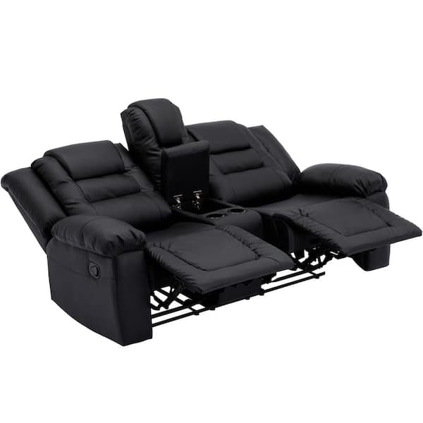 Black Leather Pillow Top 2-Seat Home Theater Recliner W/ Push-Back Chair  Sillon