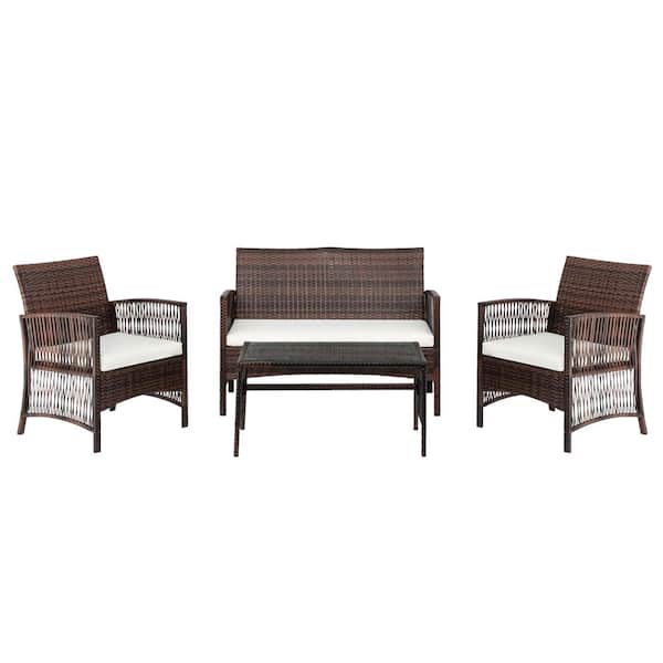 Karl home Flexible Brown 4-Piece Wicker Patio Conversation Set with White Cushions