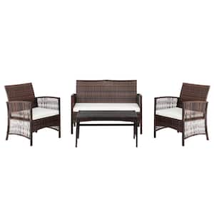 Flexible Brown 4-Piece Wicker Patio Conversation Set with White Cushions