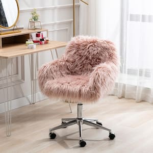 33.6 in. Pink Faux Fur Home Office Side Chair for Girls with Silver Plating Base