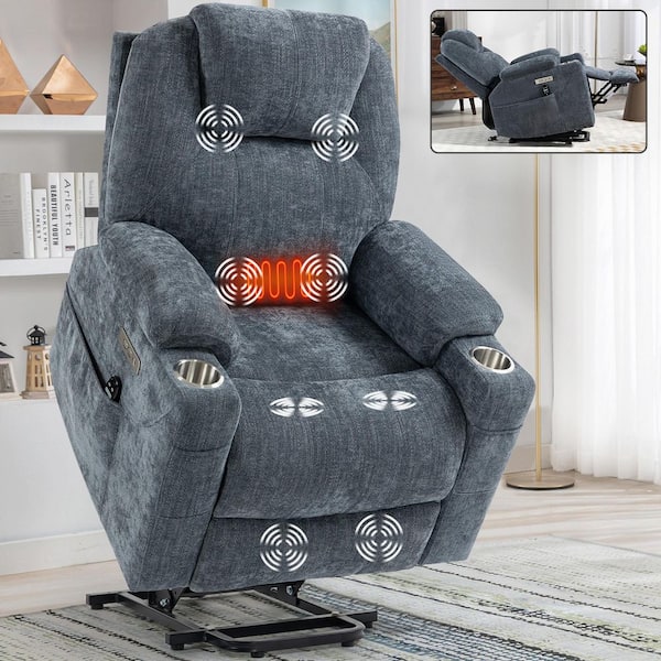 Isidore Blue Chenille Upholstered Power Lift Recliner Chair with Massage, Lumbar Heat, USB Ports, Cup Holders