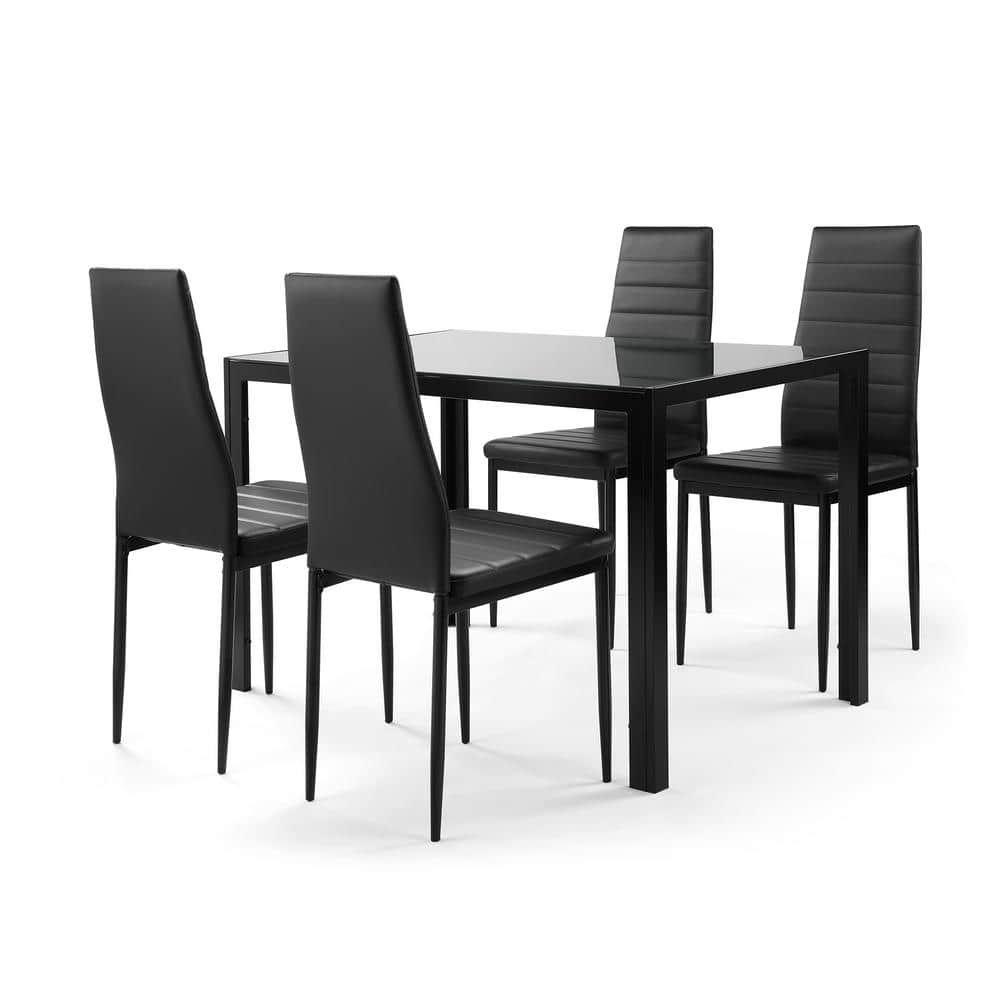 wetiny 5-Piece Dining Table Kitchen Room Tempered Glass Black Dining Table (Set of 4) SA ...