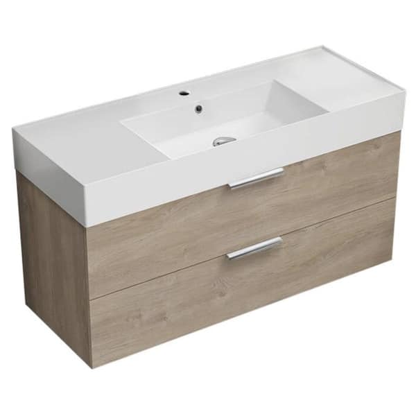 Nameeks Derin 47.64 in. W x 18.11 in. D x 25.2 H Single Sink Wall Mounted Bathroom Vanity in Brown oak with White Ceramic Top