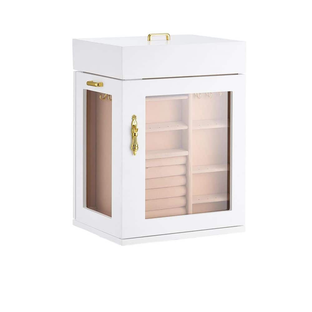 Classic Medium Size White Wood Composite Decorative Rotating Jewelry Display Cabinet with 4 Built-in Necklace Hooks