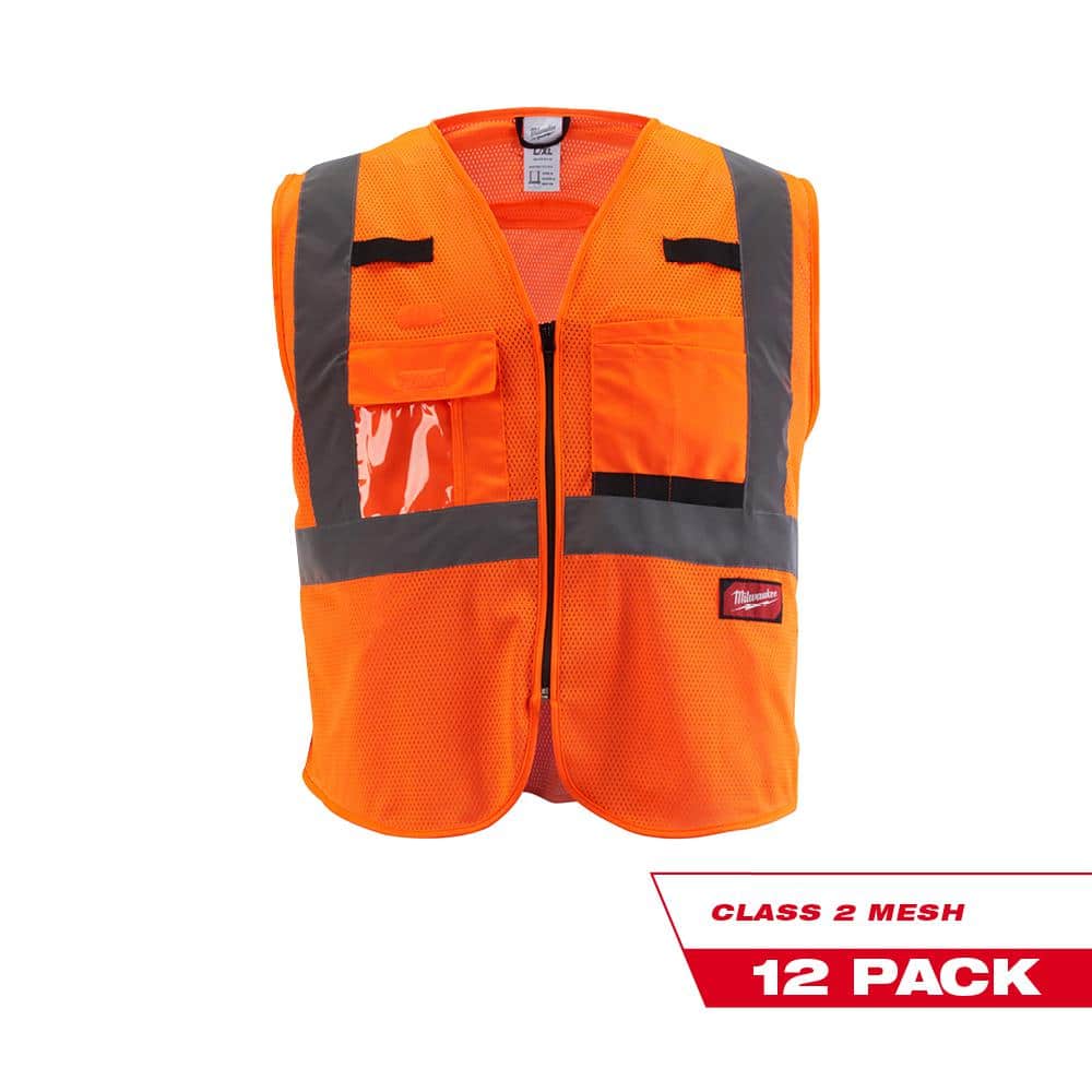 Milwaukee Large/X-Large Orange Class Mesh High Visibility Safety Vest  with 9-Pockets (12-Pack) 48-73-5116X12 The Home Depot