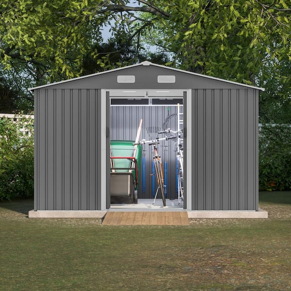 10 ft. W x 8 ft. D Galvanized Steel Metal Shed with Sliding Door and Floor Frame in Gray(80 sq. ft.)