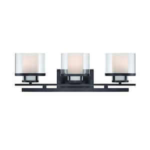 Fusion 24.25 in. 3-Light Biscayne Bronze Mid-Century Modern Vanity with Clear and Frosted Glass Shades
