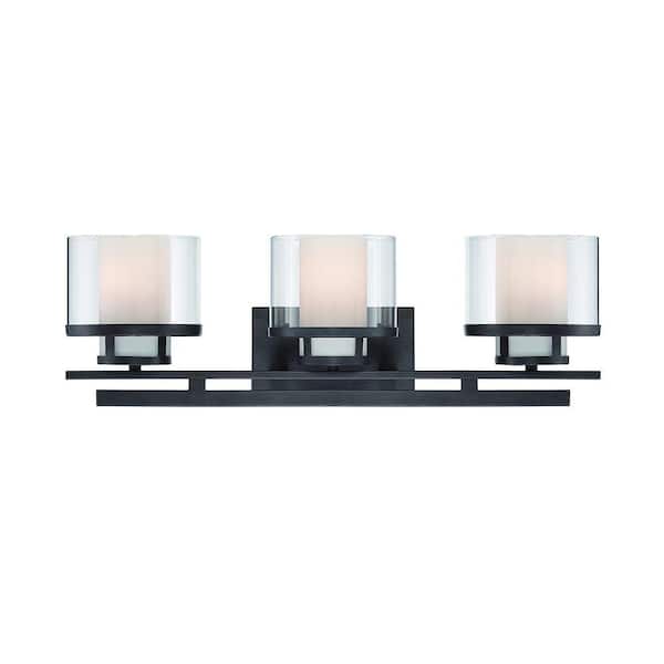 Fusion 24.25 in. 3-Light Biscayne Bronze Mid-century Vanity Light with Clear and Frosted Glass Shades