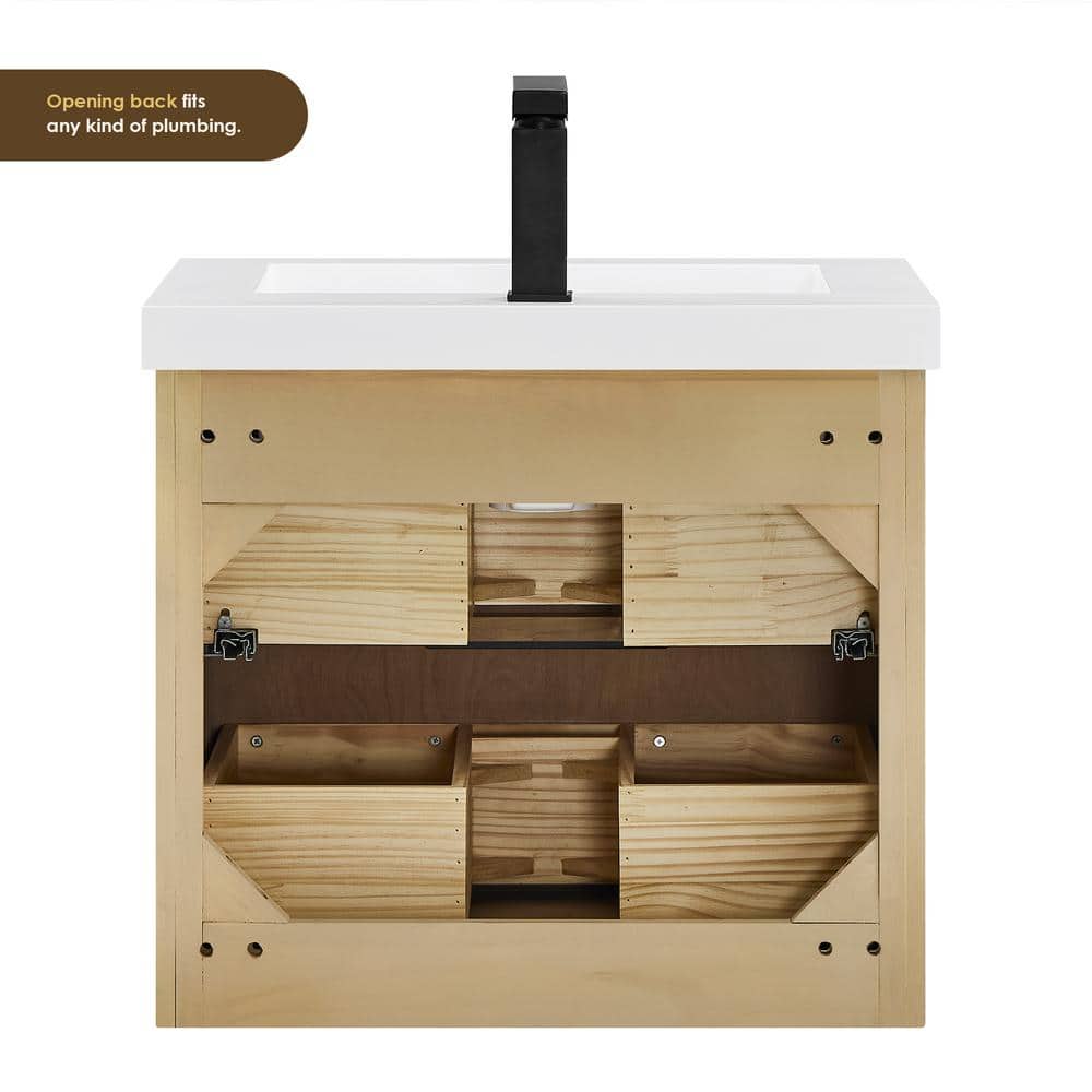Livia 24" Nature Brown Fir Wood Wall-Mounted Vanity with White Sink