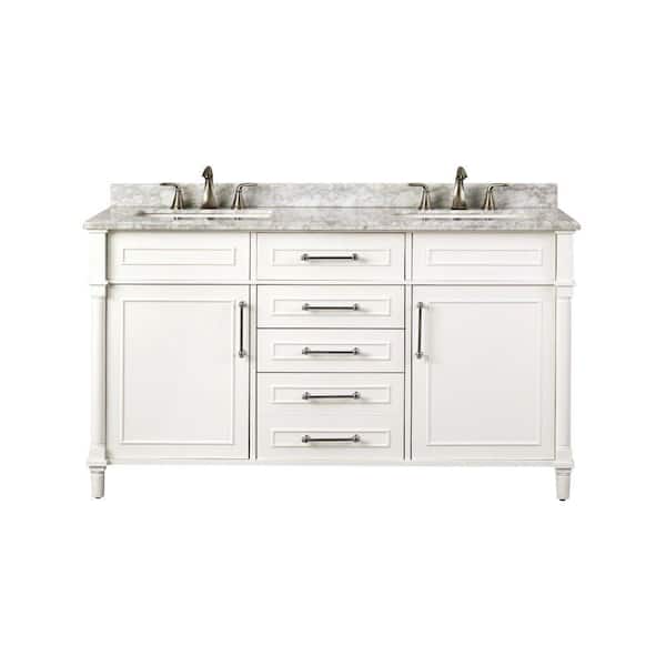 Home Decorators Collection Aberdeen 60 in. W x 22 in. D Double Vanity in White with Natural Marble Vanity Top in White with White Basin