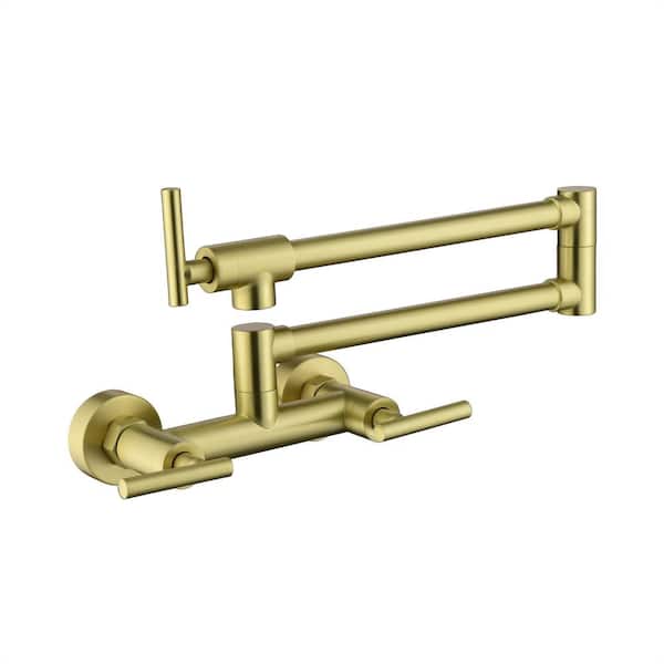 FLG Commercial Wall Mounted Pot Filler with Lever Handle Both Hot & Cold Water Folding Kitchen Sink Faucets in Brushed Gold