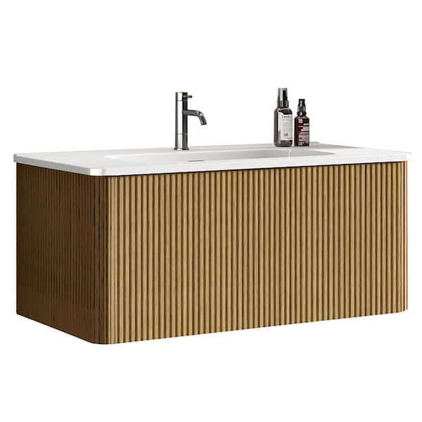 36in. Floating Single Sink Oak Bath Vanity with White Ceramic Top