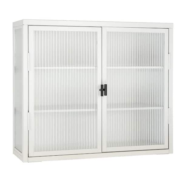 FUNKOL 27.6 in. W x 23.6 in. H Glass 2-Door 2-Shelf White Bathroom, Kitchen Storage Wall Cabinet 3-Tier Storage