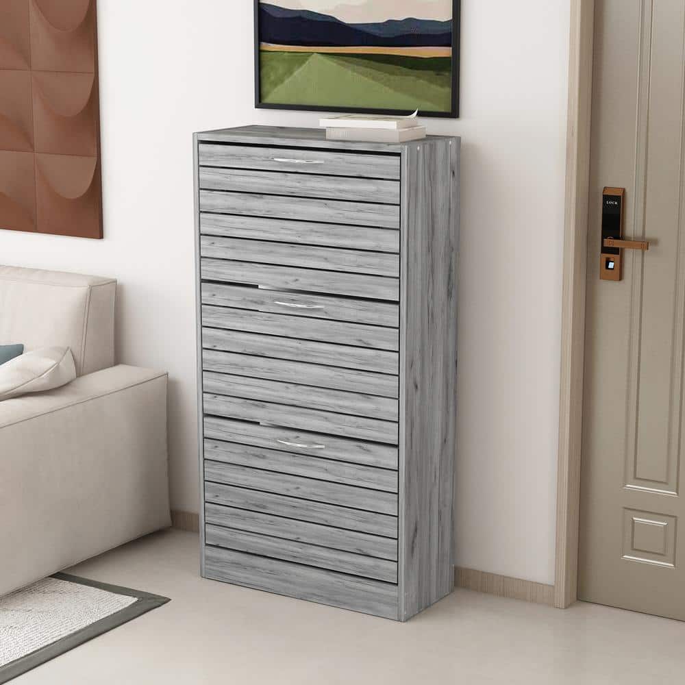 Gray Wood 3-Tier Shoe Organizer with Drawers