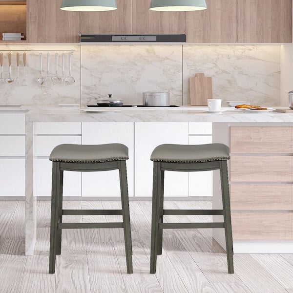 Saddle 29 in. Grey Backless Wood Bar Stool Nailhead Kitchen Counter Chair Leather Seat (Set of 2)