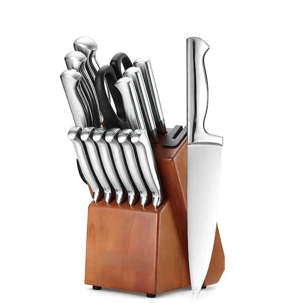 15-Piece Silver Knife German Stainless Steel Kitchen Knife Block Set with Built-in Sharpener Walnut Knife Holder