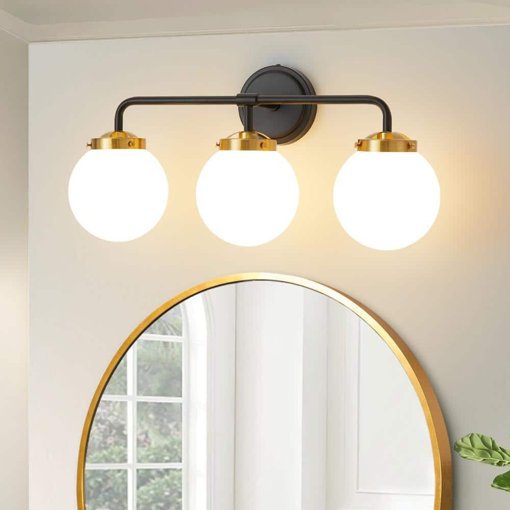 Deyidn 22.44 in. 3-Light Black and Gold Bathroom Vanity Light with Opal ...