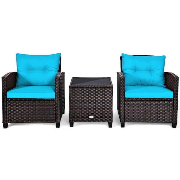 3-Piece Rattan Wicker Patio Conversation Set Sofa Coffee Table with Turquoise Cushions