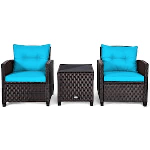 3-Piece Rattan Wicker Patio Conversation Set Sofa Coffee Table with Turquoise Cushions